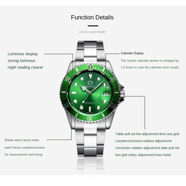 Herreure Submariner Watch Rotating Black Ghost Green Calendar Luminous Gift Black Blue Circle