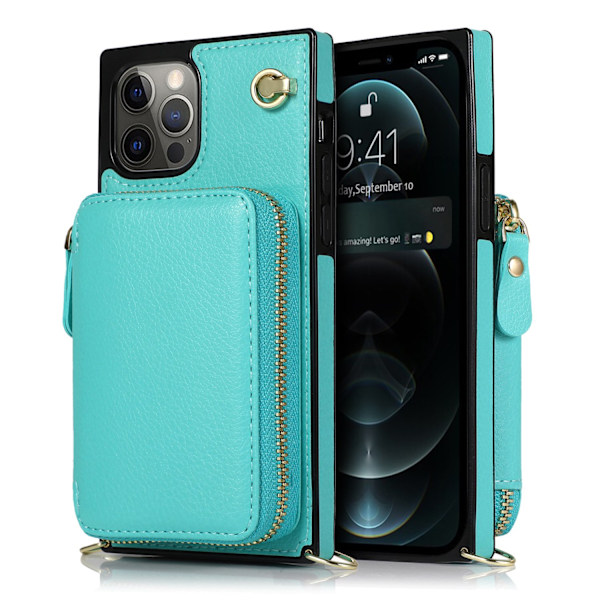 Fodral för iPhone 14 Pro mintgrön dragkedja läder multifunktionell plånbok crossbody