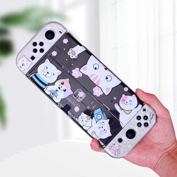 For Switch OLED Protective Shell Meow Cat Theme Design Insertable Base Transparent Glitter Entertainment cat