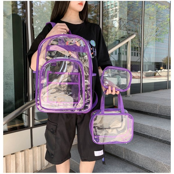 Student jente ryggsekk skulderveske skolesekk Tredelt sett Transparent Veske PVC Stor kapasitet Student Gray