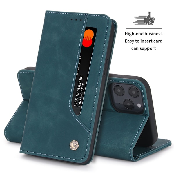 Etui til iPhone 14 Pro Max, blå læder flip wallet med kortholder