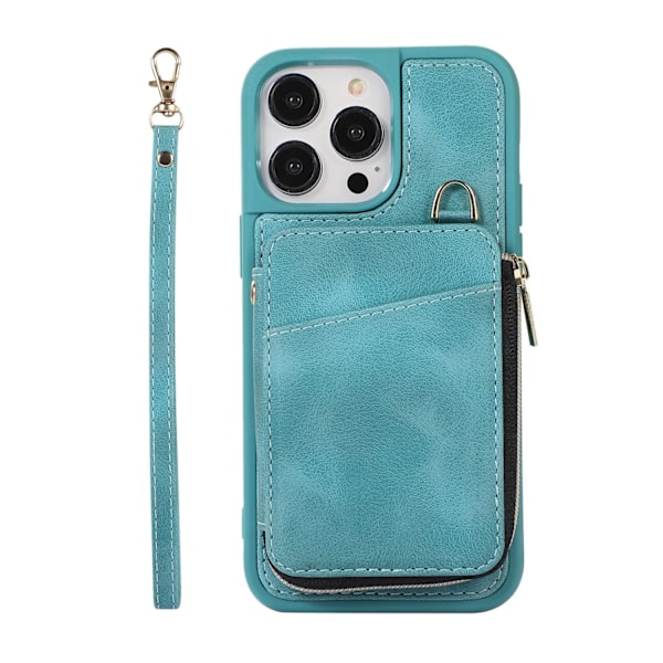 iPhone 15 -kotelo, vihreä luova lompakko, nahkainen korttipaikka
