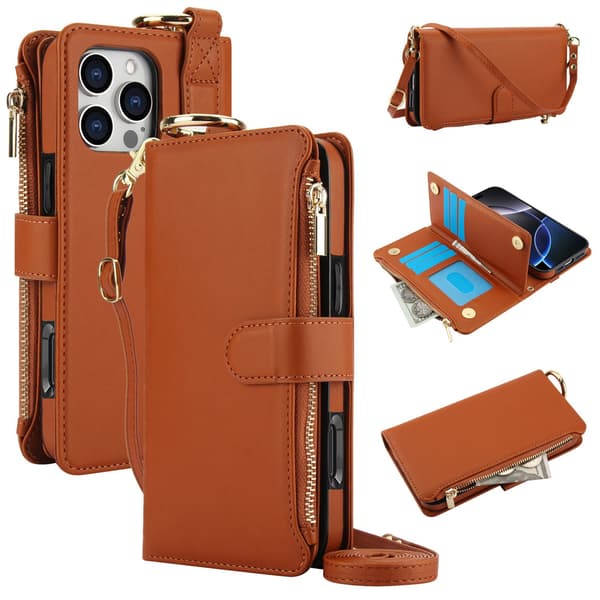 Etui til iPhone15 brun ring multifunktionel pung kortholder bælte crossbody rem