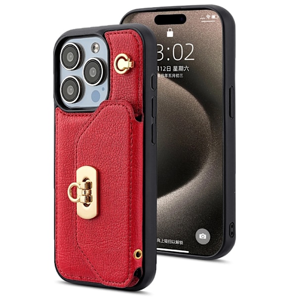 Kotelo iPhone 16 Plus -puhelimelle, punainen olkalaukku lompakolla, korttipaikalla ja nahkaisella olkahihnalla