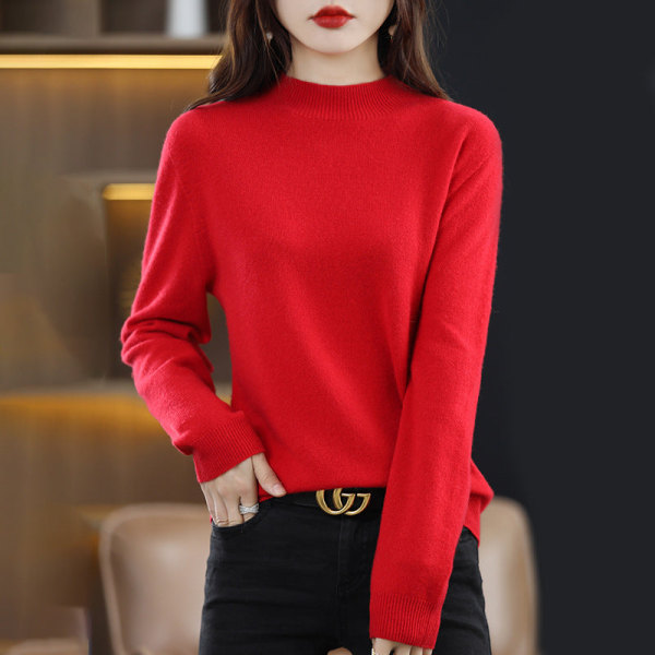 Kvinder Strik Efterår Vinter Sweater Uld Løs Mock Neck Bottoming Shirt Pullover Langærmet Red XXL