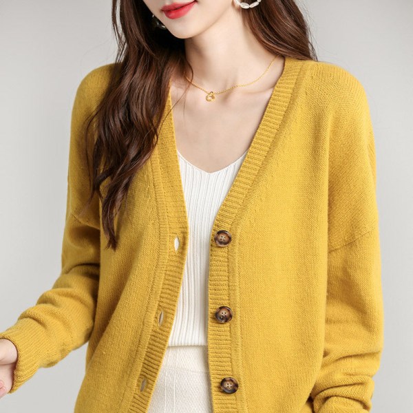 Kvinnor Stickat Höst Vinter Sweat Lös Stickad Kappa V-ringad Drop-Soulder Ytterplagg Cardigan Ginger yellow M