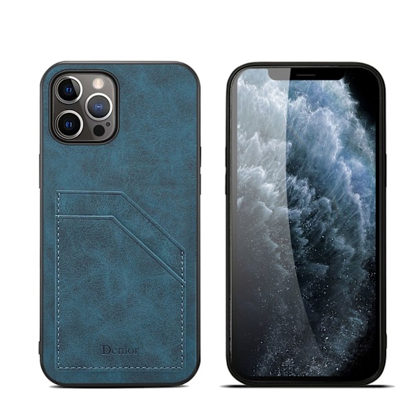 Fodral för iPhone 13 blått kortfack fullnarvskinn anti-fall