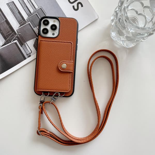 Fodral för iPhone 13pro max brun snodd crossbody solid korthållare vikbart japanskt läder