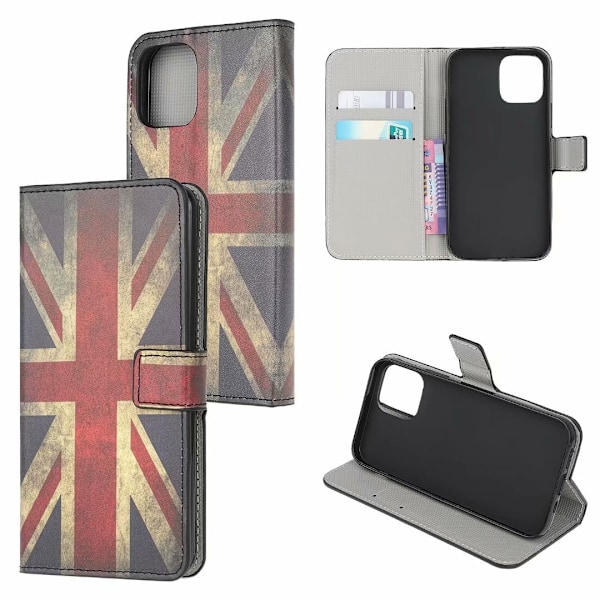 Fodral för iPhone 13 Pro UK målat läder kortplats plånbok tryck