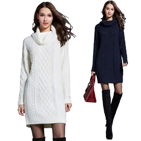 Kvinner Knit Wear Høst Vinter Genser Plus Size Kjole Høy krage Lang Turtleneck Kvinne White L