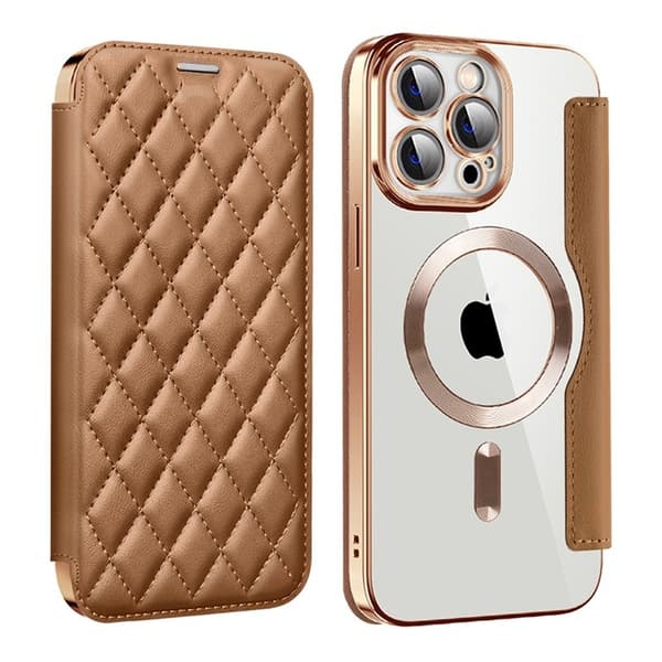 Fodral för iPhone 14 brun [med magnetisk sugfunktion] ins lammskinn diamant fulläder