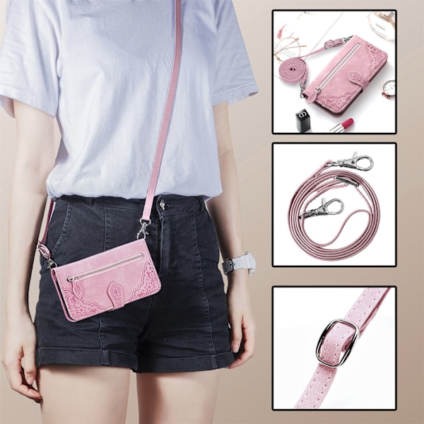 Fodral för iPhone 13 Roséguld läder extra lång crossbody-nyckelband dragkedjeväska