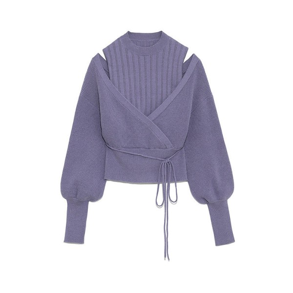 Kvinder Strik Efterår Vinter Sweater Sød Løs Lusket off-the-skulder rullekrave Snørepust Purple M