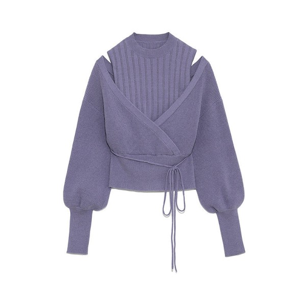 Strikkevarer for kvinner Høst Vinter Genser Søt Løs Sneaky off-the-skulder Turtleneck Snøring Puff Purple M