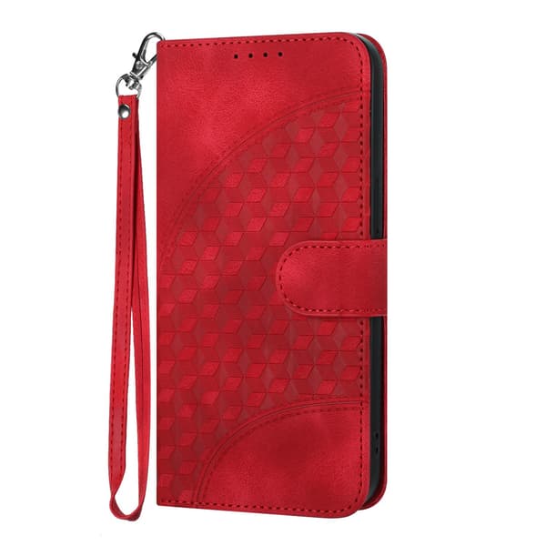 Fodral för iPhone15Pro Rött läder solid hudtextur diamantpräglad kortplats plånbok