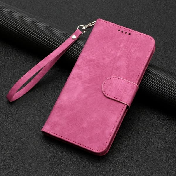 Fodral för iPhone15Plus randigt dubbelvikt kant rosenröd solid kantläder