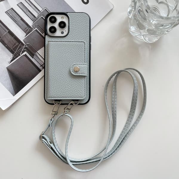Fodral för iPhone 14max/plus ljusblå snodd crossbody solid korthållare vikbart Japane