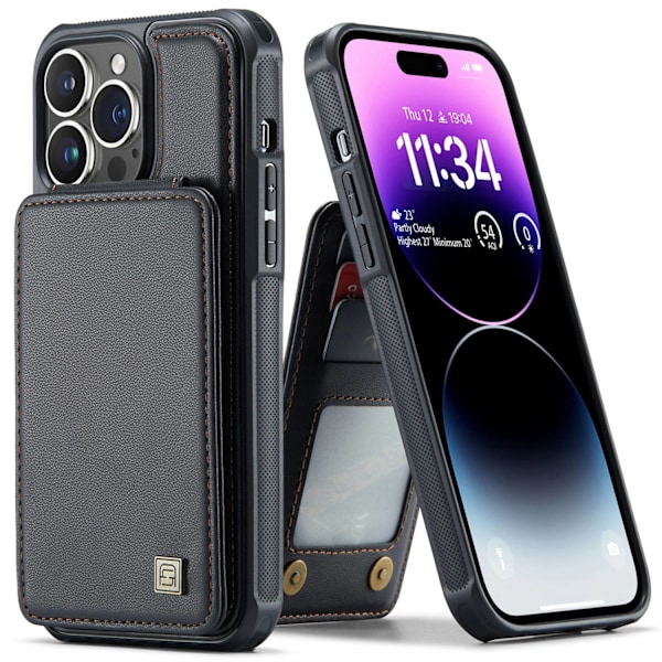 Kotelo iPhone 13 Pro:lle, musta, korttipaikka, takana oleva jalusta, nahkaa