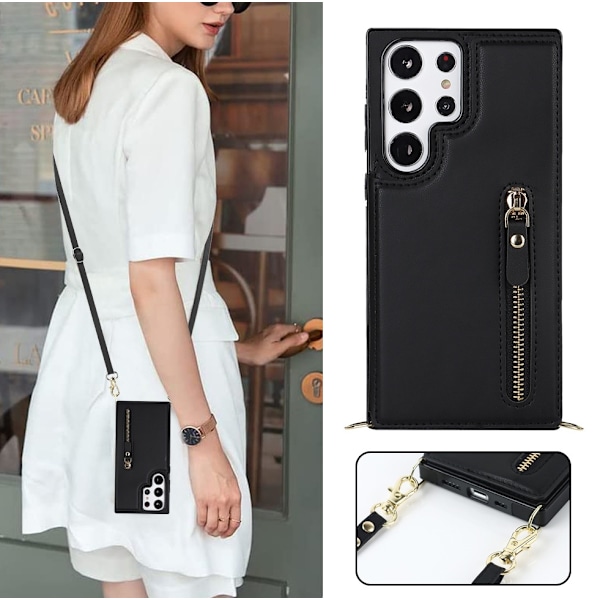 Kotelo iPhone 15 Pro -puhelimelle, musta, kaksoissoljellinen vetoketjullinen korttipidike, crossbody, kestävä pudotusta vastaan