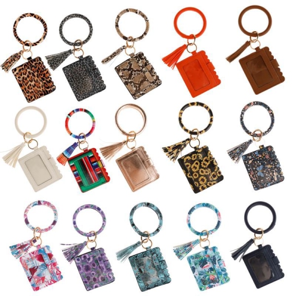 Leopard print PU læder kvast armbånd nøglering Kortholder Dokumentpakke Møntpung Clutch Red Blue Leaves