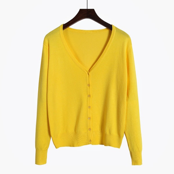 Kvinder Strik Efterår Vinter Sweater Cardigan Langærmet V-hals Aircondition skjorte Slankende Bright yellow XXXL