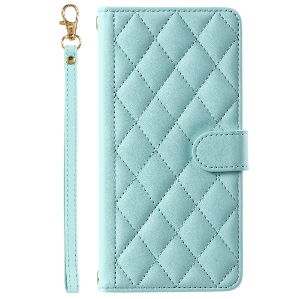 Kotelo iPhone 14 Prolle, vaaleanvihreä lyhyt köysi, houndstooth-kuvio, korttipaikka, nahka, timantti