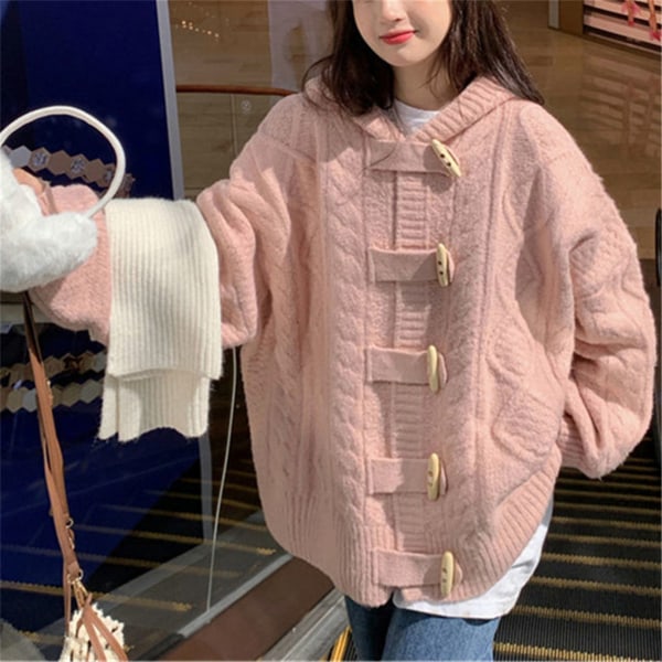 Kvinder Strik Efterår Vinter Sweater Moderigtigt overtøj Horn Knap Twist hætte cardigan frakke Pink M