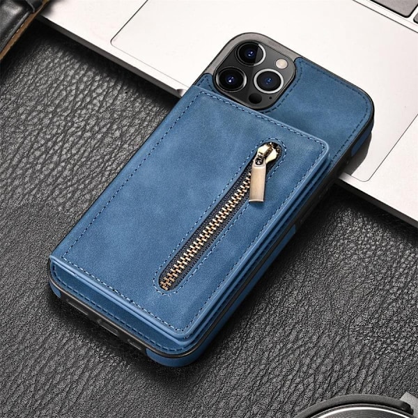 Etui til iPhone 14 blå lynlås side kort slot pung læder dobbelt spænde holder