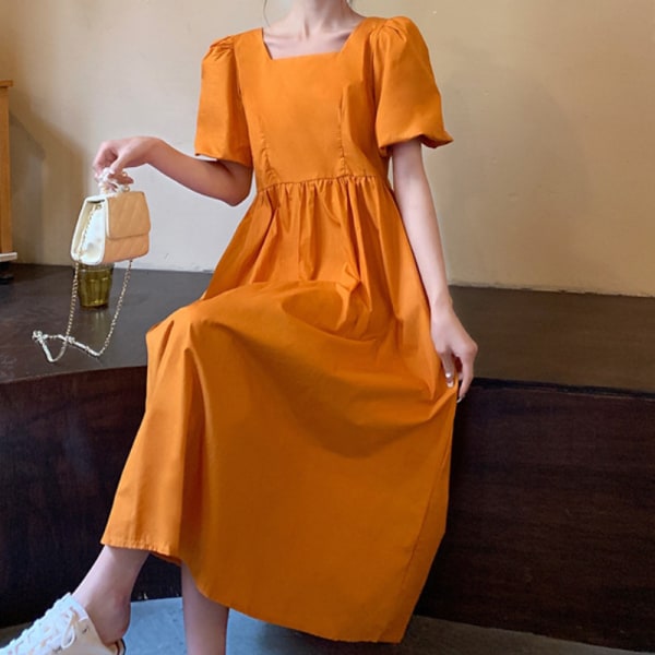 Fransk kjole Dame sommer Ryggløs midje trimming Temperament Lang kjole Orange XL