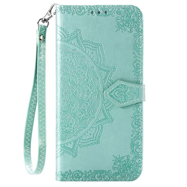 Etui til iPhone 15 Pro blå mandala lær samme stil kort håndstropp preget