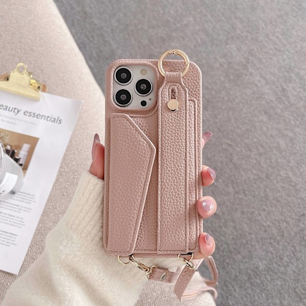 iPhone 15 Plus -kotelo, vaaleanpunainen ranneke, litsi-kuvioinen crossbody-korttipidike