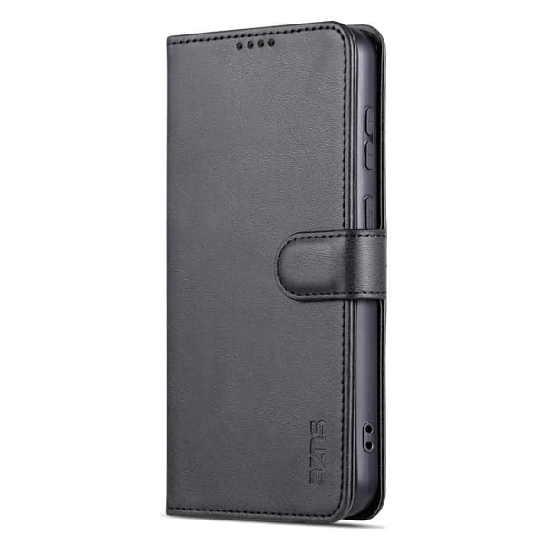 Fodral för iPhone 14 svart dubbelvikt kant hudkänsla läder solid flip spänne kortplats