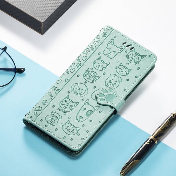 Etui til Samsung S21 Plus grønt læder Kat Hund Sødt præget Multi-Card Green