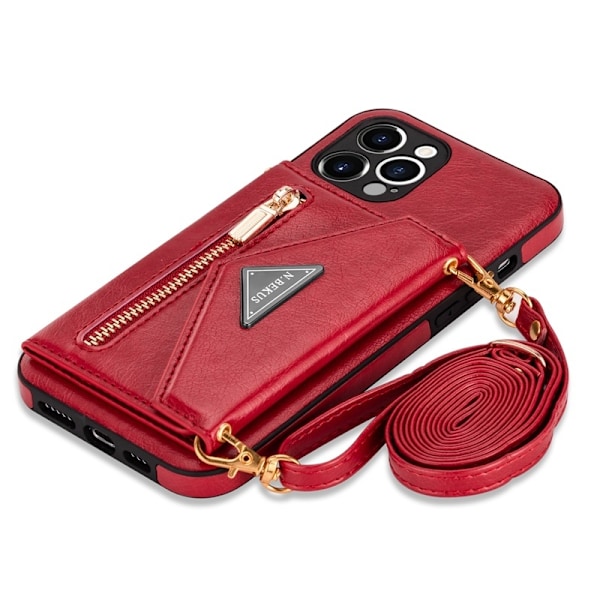 Etui til iPhone 13 sidekortholder reb rød beskyttende læder solid skulderreb