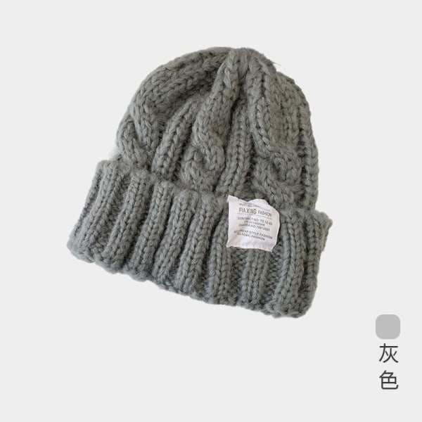 Varm vinter stickad mössa i ren färg japansk ull dam koreansk stil hörselskydd unisex Coarse knitted woolen cap-Gray M（56-58cm）