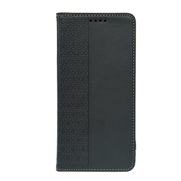 Etui til iPhone 16 Pro sort læder firkløver hjerte print magnetisk