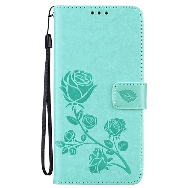 Etui til iPhone 16, grønn rose, lær, rosepreget blomst