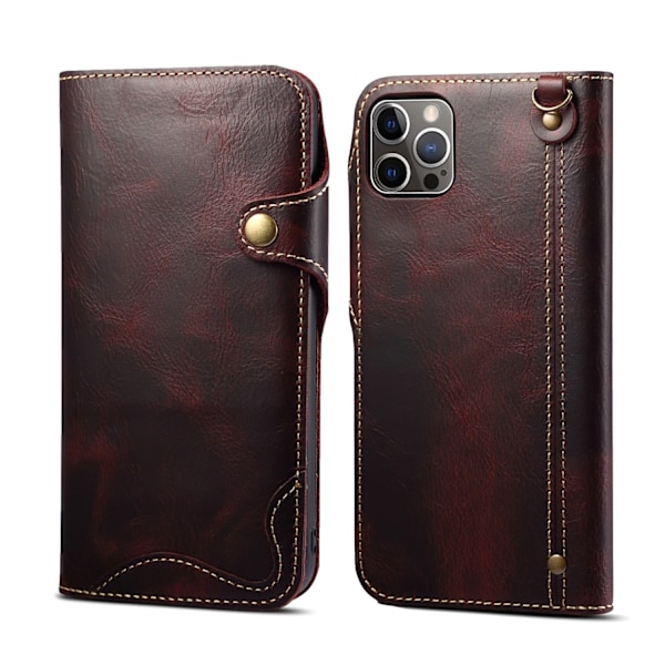 Fodral för iPhone 15 Plus vinrött toppskikts kohud kortfodral anti-fall flip läder