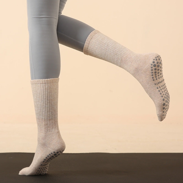 2 par efterår og vinter lange rør fløjl bomuld dame silikone skridsikre yoga pilates sokker Khaki 35-41