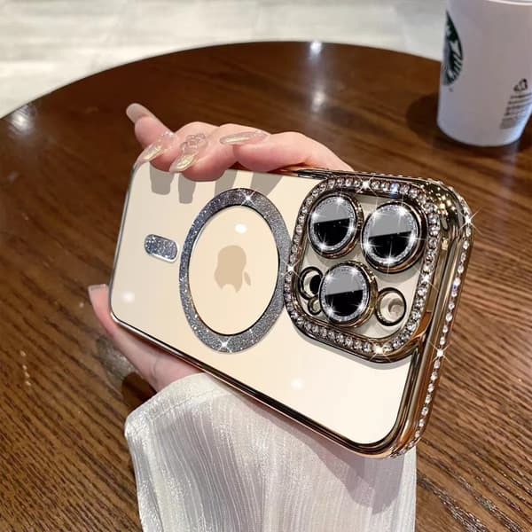 Deksel til iPhone 17 Pro Max Gull Rhinestone Magnetisk Transparent