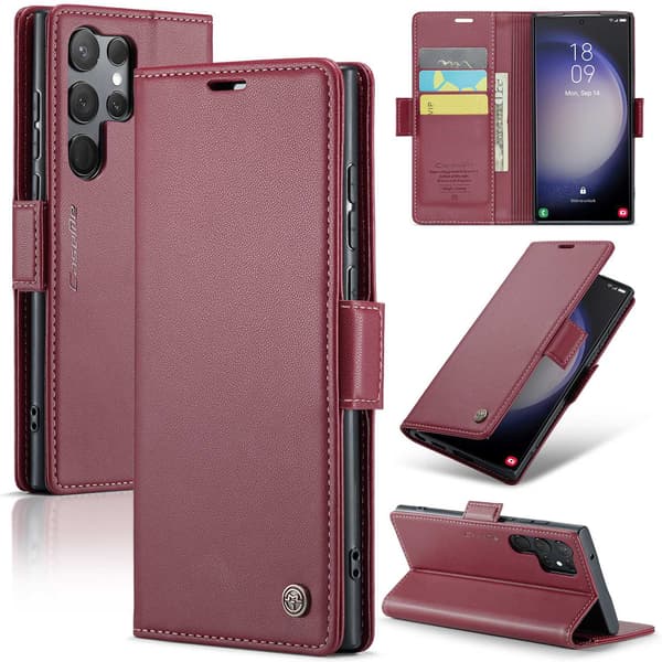 Fodral för iPhone15 Plus röd stöldskydd läder kortplats