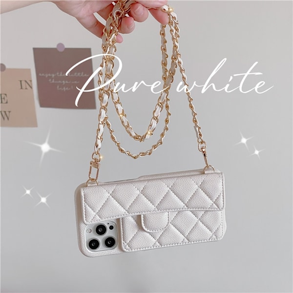 Etui til iPhone 13 lychee mønster diamant beige lanyard kortholder ins slot læder hårdt