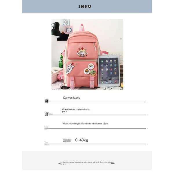 Student pige rygsæk skulder taske skoletaske sæt Primary School Korean Style Taske Middle School Student Campus Pink 30*42*13cm