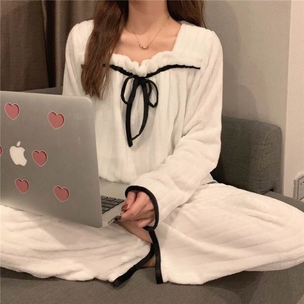 Ny korall fløyel pyjamas for kvinner plysj fortykket ins student flanell varm dress black and white 2XL size [130-145 kg recommended]