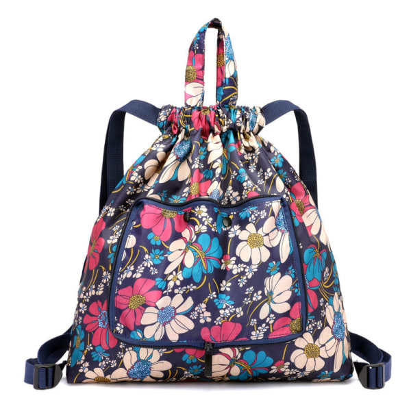 Kvinner jente ryggsekk skulderveske skolesekk Snøring Enkel Vanntett Sammenleggbar Buggy Bag Sports Gym Bag Snøreveske Reise Big Blue Flower