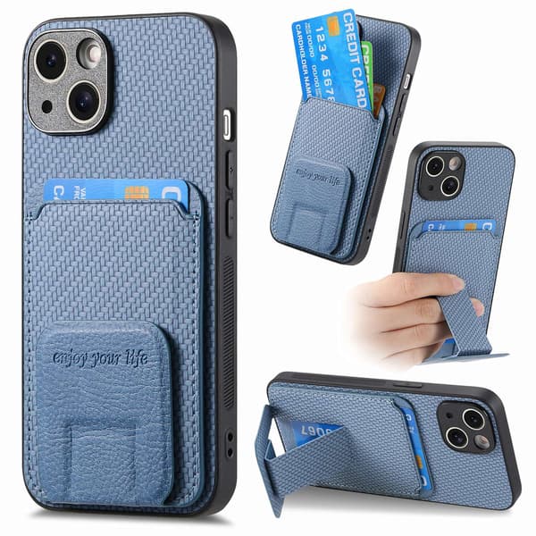 Fodral för iPhone16pro blått enkelt stativ solid kolfiber kortplats vanligt läder