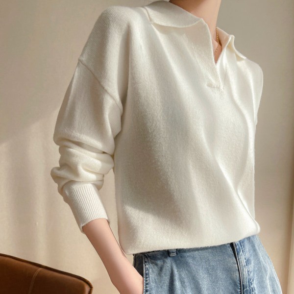 Damestrik efterår vinter sweater koreansk stil polo krave pullover bundskjorte ydre løs top White 58*95cm