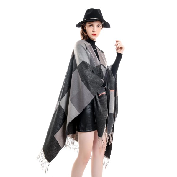 Dametørklæde sjal 2022 efterår og vinter plaid kvast varm Black and gray 153CM