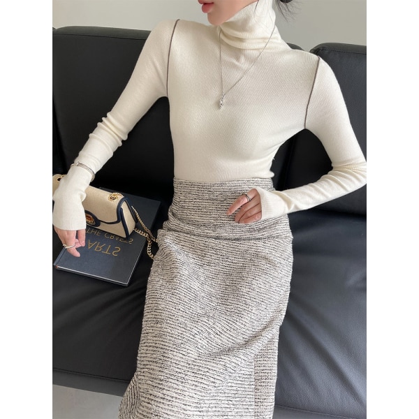 Naisten Neuleet Syksy Talvi Neule Naaras kaulus Jäljitelmä Villainen villapaita Turtleneck Slim Fit Inner White L