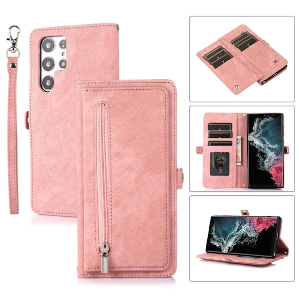Etui til iPhone 14 Pro Max, pink lynlås-kortholder, håndrem, multi-kortpung
